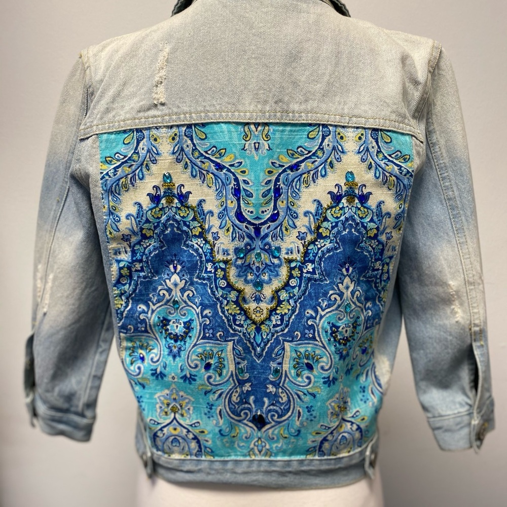 Handmade Denim Jean Jacket Size XS Crystals Beads